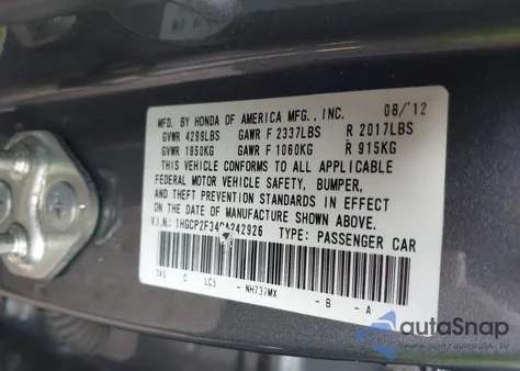 2012 Honda Accord 2.4 Lx from USA, damaged, VIN 1HGCP2F34CA242926